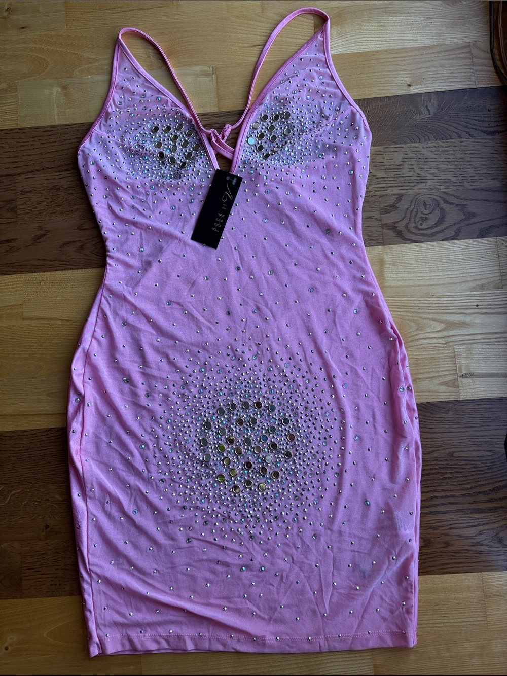 Pink Crystal-Studded Spaghetti-Strap Mini Dress
